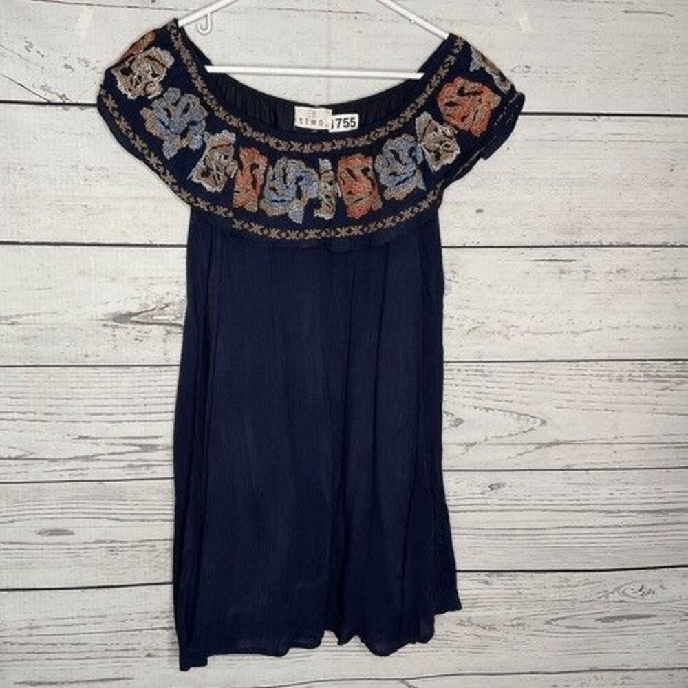 Etwo Floral Embroidery Off The Shoulder Mini Tunic Dress Womens‎ Size Large Blue